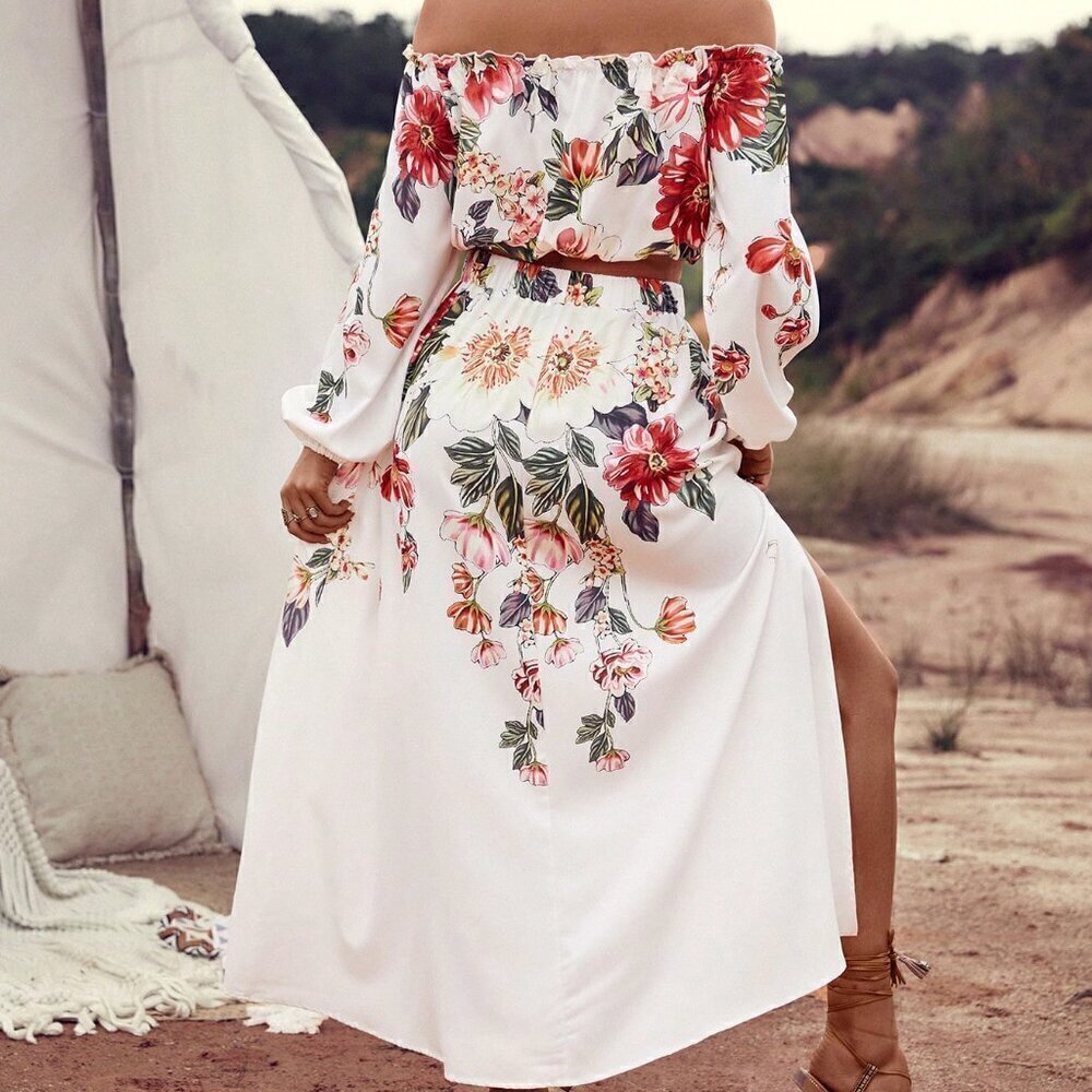 White Boho Womens Floral Print Off Shoulder Lantern Sleeve Top & Split Hem Skirt - Picture 3 of 7
